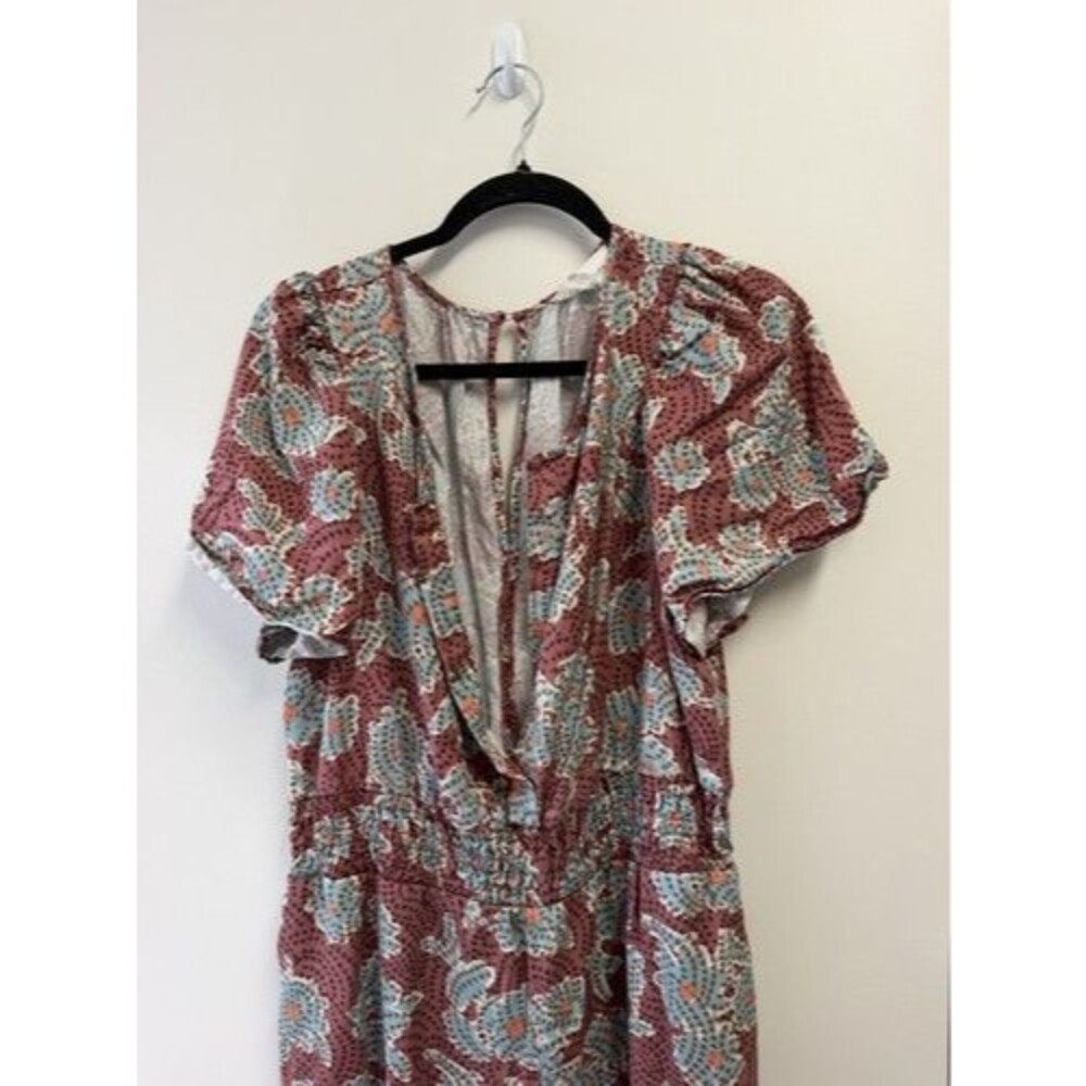 Anthropologie Women’s L Burgundy/Blue Floral Smocked Tie V-Neck long romper